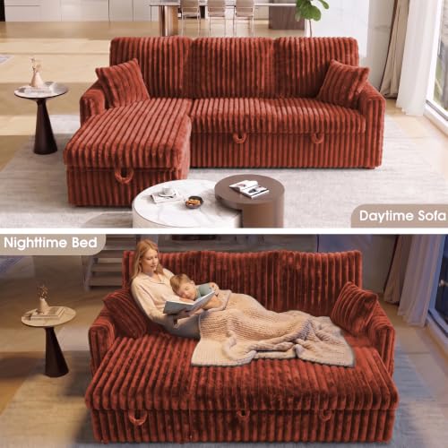 Image of KCGKCG 81 inch Sectional Sleeper Sofa Bed with Storage Chaise & USB Charging, Plush Corduroy L-Shaped Pull Out Couch Bed, Modular Sectional Sofa Couches for Living Room Bedroom, Red