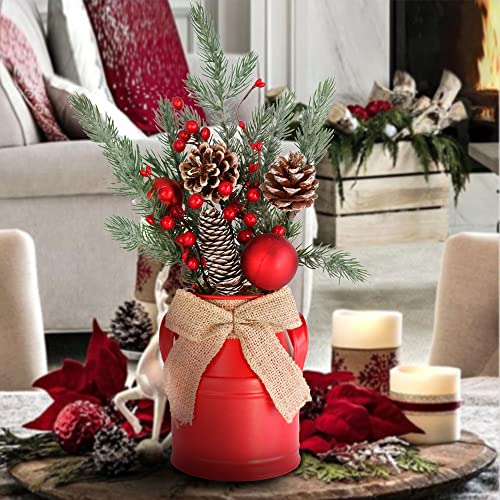 Qingbei Rina Artificial Christmas Centerpiece Decoration,Mini Red Christmas Tree Potted Plants,Holiday Table Fake Greenery With Christmas Ball, Pine, Berry For Home,Office, Window, Fireplace #TOP10