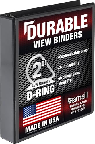 Image of Samsill Durable 2 Inch Binder, D Ring Binder, Customizable Clear View Cover, Charcoal Black, Holds 475 Pages