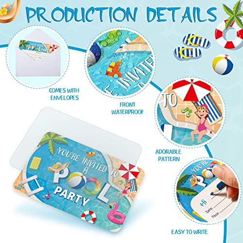 Cartes d'invitation pour fête de piscine en papier cartonné rigide avec enveloppe