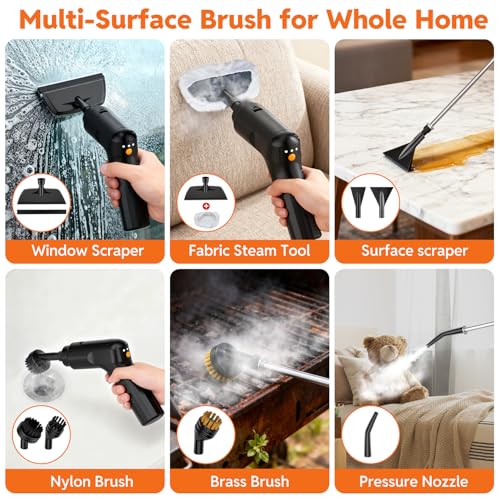 Image of Steam Cleaner for Home & Car, 15s Fast Heat Handheld Steamer for Cleaning, 1.6L Large Tank, 3-Level Steam Control with 16-Piece Accessories Kit for Floors, Couches, Tiles, Grout, Dirt, and Grease