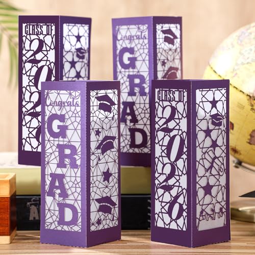 Image of Rossesay 12 Pcs Graduation Table Centerpieces Boxes Class of 2026 Graduation Lanterns for Centerpieces with LED Candles Congrats Grad School College Photo Props for Party Table Decoration (Purple)