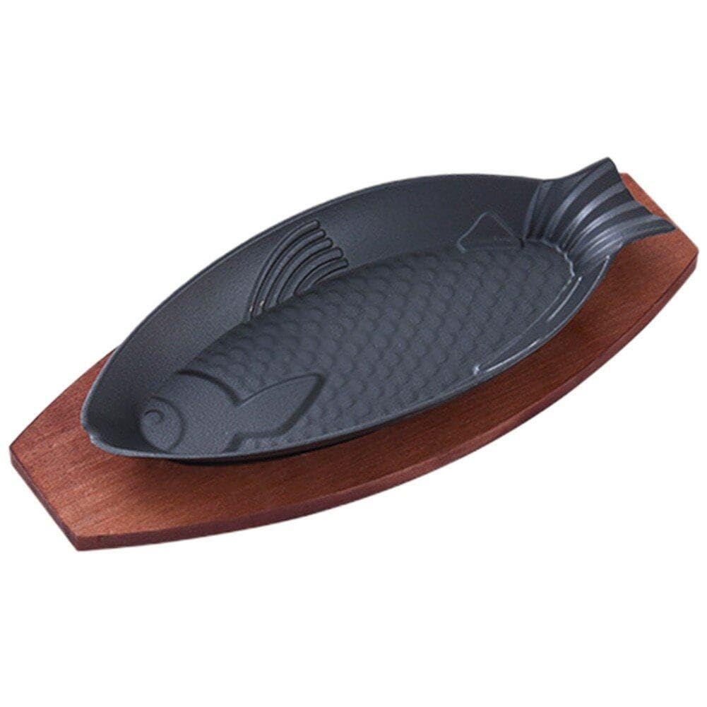 Poêle en Fonte en Forme de Poisson avec Socle Bois pour Steak