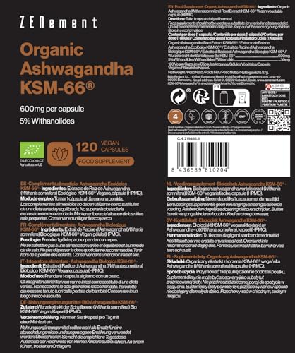 Bio Ashwagandha KSM-66 - Alto Dosaggio - 600mg per capsule - Ashwagandha Bio Certificata – Capsule di Ashwagandha Polvere Estratta dalla Withania Somnifera - Testato in laboratorio - Zenement - 4