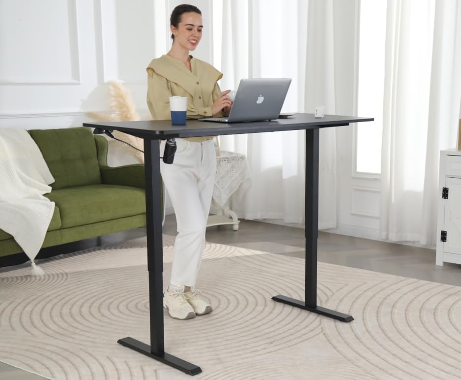 Miniatura 9 de Escritorio de pie de altura ajustable, mesa eléctrica ajustable de altura, escritorio de pie de 55 x 24 pulgadas con ganchos dobles y ruedas, rango
