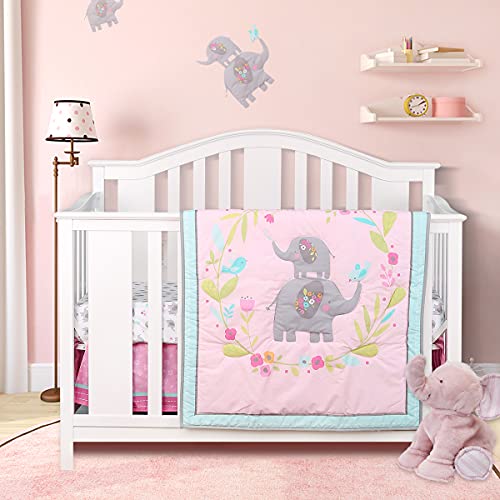 Image of Sweet baba Luxury 4 Piece Elephant Crib Bedding Set,Pink Crib Set for Baby Girls(Brids/Flowers),Microfiber Printed Nursery Bedding Set with Comforter/Skirt/Crib Sheet/Blanket