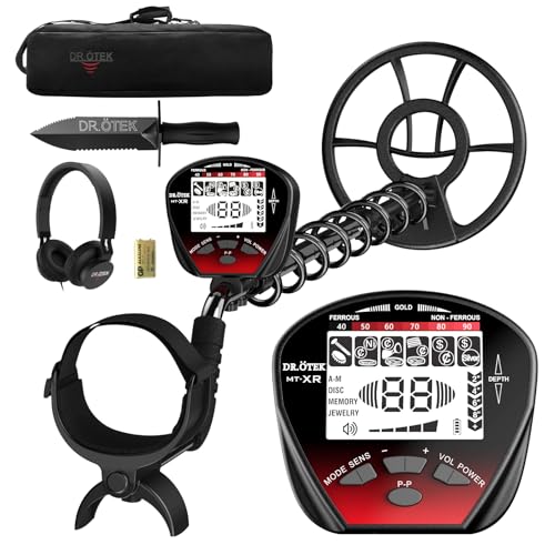 DR.ÖTEK Metal Detector for Adults Professional Gold Detector Kit with Higher Accuracy, Waterproof 10' IP68 Coil, Bigger LCD Display, 5 Modes, Advanced DSP Chip for Treasure Hunting, MTXR-Red