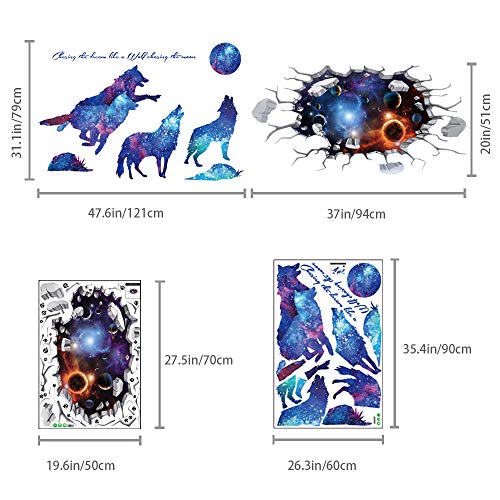 Adesivo Murale 3D Blu Lupo con Pianeti, TANOSAN
