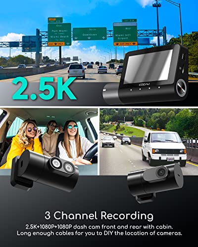 Cooau 2.5K Dash Cam Front And Rear Inside, 2.5K+1080P+1080P 3-Channel Dash Cam, Build-In Gps Wi-Fi, Dash Camera For Cars With Super Ir Night Vision, 24-Hr Parking Mode, Supports 512 Gb Max (D50) #TOP1