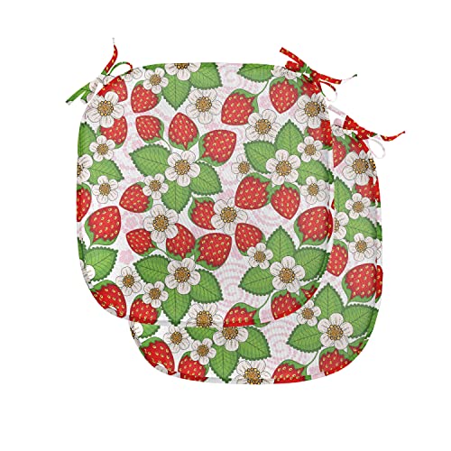 Ambesonne Floral Chair Seating Cushion Set of 2, Strawberries with Flowers and Leaves Summer Season Themed Eating Food, Anti-Slip Seat Padding for Kitchen & Patio, 16