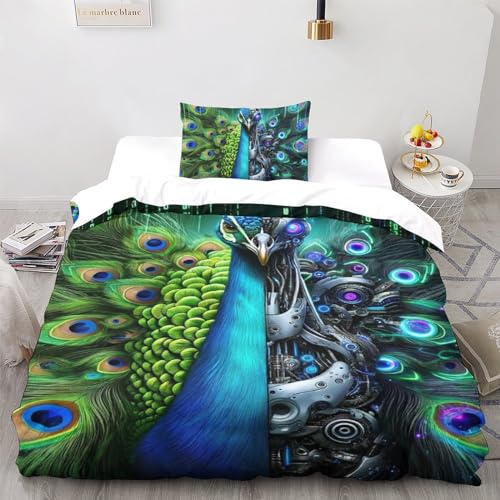 Parure de lit animaux pour chambre d'enfant et ado motif paon 3D