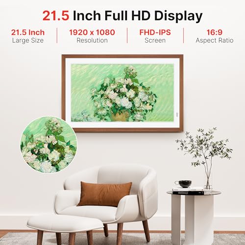 Uhale 21.5\" Large Digital Picture Frame with Remote Control, 1920 x 1080 FHD IPS Display Wood WiFi Photo Frames 64GB, Wall Mounted, Auto Rotate, Support USB and SD Card, Instantly Share Photos Videos