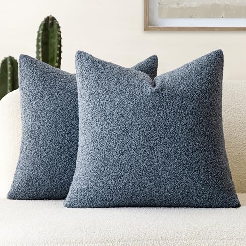Image of Foindtower Pack of 2, Curly Faux Fur Decorative Throw Pillow Covers Soft Fuzzy Plush Cushion Case with Zipper Cozy Pillowcase for Home Living Room Couch Bed Sofa 24 x 24 Inch, Blue