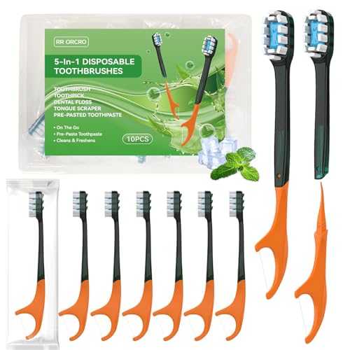 Brosse à dents jetables 5 en 1 avec dentifrice et fil dentaire pour voyage Lot de 10