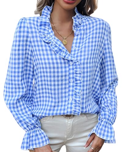 MINTLIMIT Womens Plaid Blouse Peasant Button Down Ruffle Neck Plaid Puff Long Sleeve Gingham Blouse Shirts