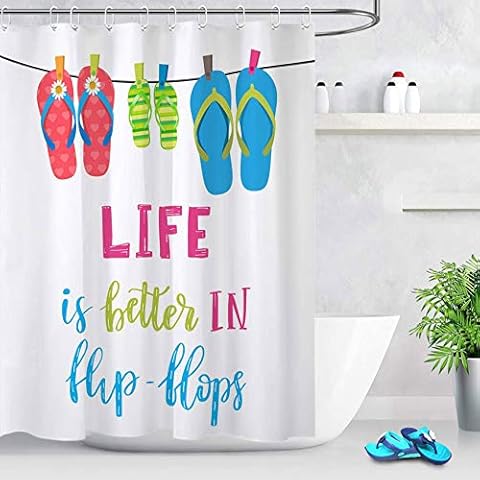 ECOTOB Summer Flip Flop Shower Curtain Decor, Life is Better in Flip Flops with Floral Striped Hanging Slippers Shower Curtains 60X72 inch Polyester Fabric Bathroom Decor Bath Curtains Hooks Included Cover