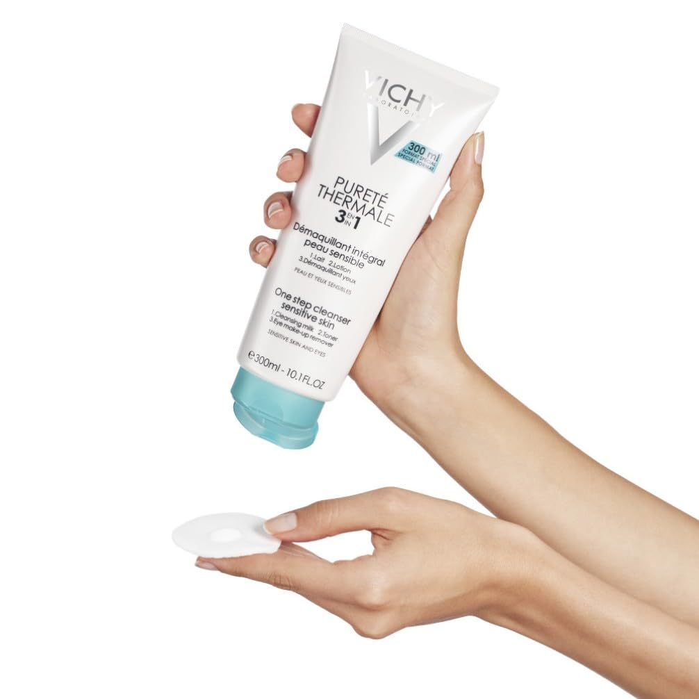 Vichy, Pureté Thermale, Démaquillant Intégral, Utilisation 3-En-1 Lait Lotion et Démaquillant, Nettoie et Purifie, Adapté aux Peaux et Yeux Sensibles, Glycérine, 300 ml