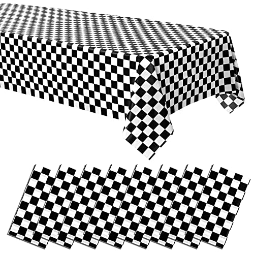 Lot de 8 nappes de Drapeau à Damier Noir et Blanc 54 Pouces x 108 Pouces en Plastique jetable en Damier Nappe rectangulaire imperméable pour la décoration de fête de Pique-Nique d'anniversaire