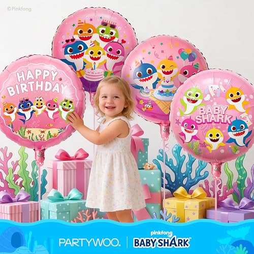 Image of PartyWoo Baby Shark Family Foil Balloons 13pcs Baby Shark Family Pink Round Star Mylar Helium Balloons for Boys and Girls Birthday Decorations Under the Sea Ocean Kids Birthday Party Decorations
