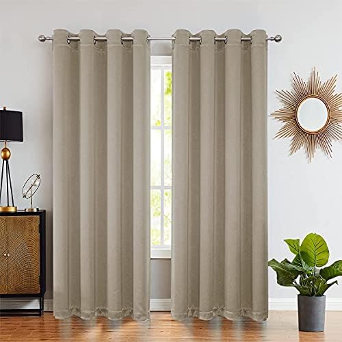 Tan Full Blackout Eyelet Curtains for Bedroom 52 x 72-inch Drop Thermal Insulated Energy Efficient Taupe Curtain Panels Innovative Triple Weave Room Darkening Window Draperies for Living Room, 2 pcs