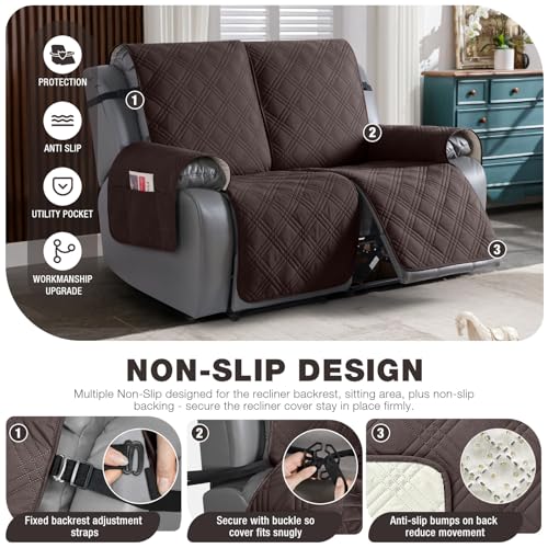 Image of TAOCOCO 100% Waterproof Loveseat Recliner Cover, Non Slip Split Loveseat Covers for Reclining Sofa with Elastic Straps, Washable Recliner Chair /Furniture Protector for Pets(2 Seater, Chocolate)