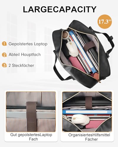Taygeer Laptoptasche Damen 17 Zoll, Laptop Handtasche mit USB-Anschluss, Wasserabweisend Leder Schultertasche, Große Cabrio Gesteppte Aktentasche Rucksack Tote Bag für Büro, Business, Schule, Schwarz