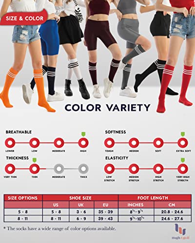 Hugh Ugoli Women Cotton Knee High Socks With 3 Stripes, Long Dress School Uniform Socks For Girls, Boot Socks, Shoe Size 5-8, White/Black, 4 Pairs #TOP4