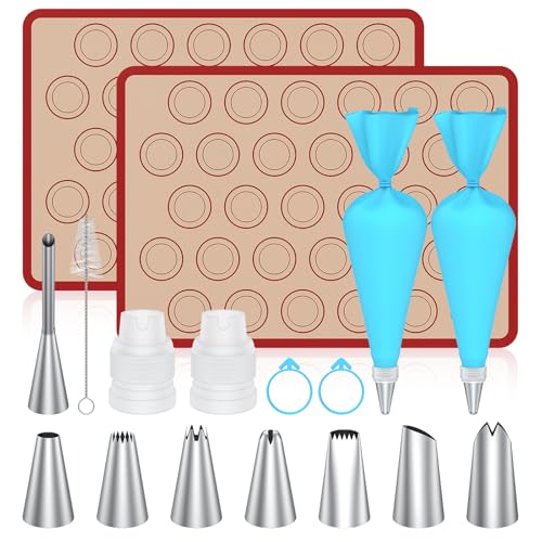 Frapkom Makaron Silikon Backmatten 2 Antikleber Makaron Mat Silikon 7 Piping Spitzen 2 Beutel Krawatten 2 Kuppler 1 Puff Spitze 1 Pinsel 17 Stück Makaron Backkits für Makaronen Kekse