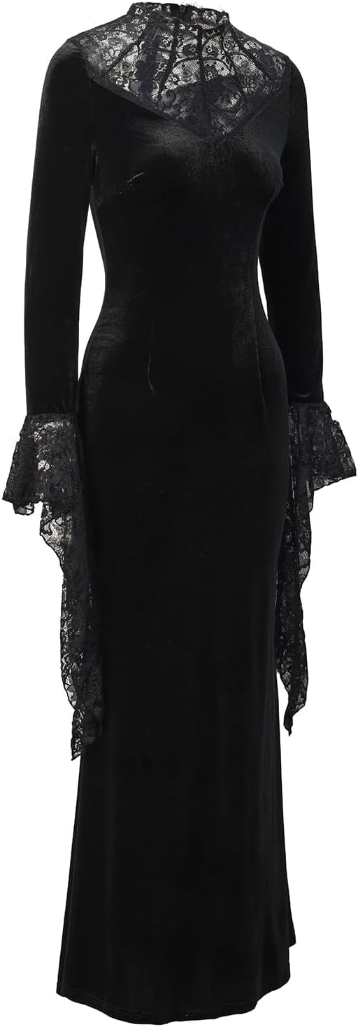 Black Lace Costume Dress for Halloween Long Sleeve Maxi Party Cosplay Dresses - Image 3