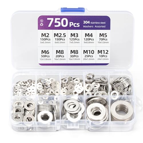 Stainless Steel Flat Washers Assortment Set - 750PCS, 9 Sizes M2 M2.5 M3 M4 M5 M6 M8 M10 M12 for Screws and Bolts - Factories Repair Construction