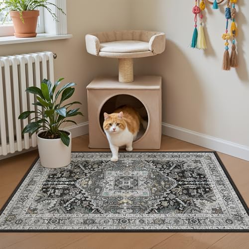 Madane Washable Area Rug 2x3, Small Entryway Rug Non-Slip Vintage Door Mat Indoor Entrance, Low Pile Floor Carpet for Inside Front Door Kitchen Entry (2'x3', Grey Green/Black Olive)