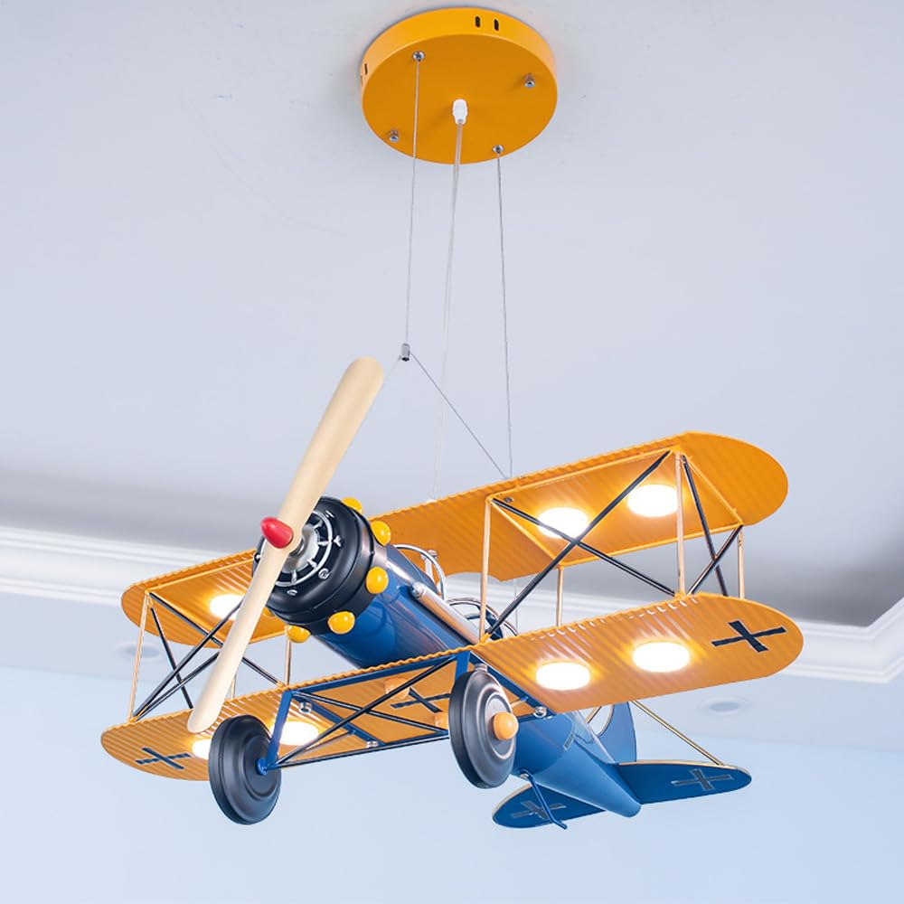 Abinlina Boys Yellow+Blue Vintage Airplane Dimmable Led Ceiling Pendant Light For Kids' Bedroom - Industrial Helicopter Design(Yellow+Blue)