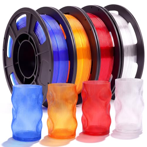 QFOUR 3D Printer Filament Bundle, Transparent 4 Color PLA Printing Filament 1.75mm, 250g x 4 Spools, Fit for FDM Printer