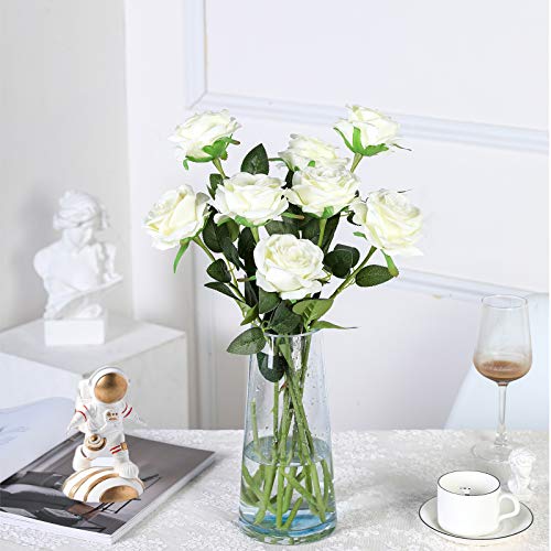 Hawesome 12Pcs Artificial Silk Flowers Realistic Roses Bouquet Long Stem For Home Wedding Decoration Party (12Pcs-White) #TOP2
