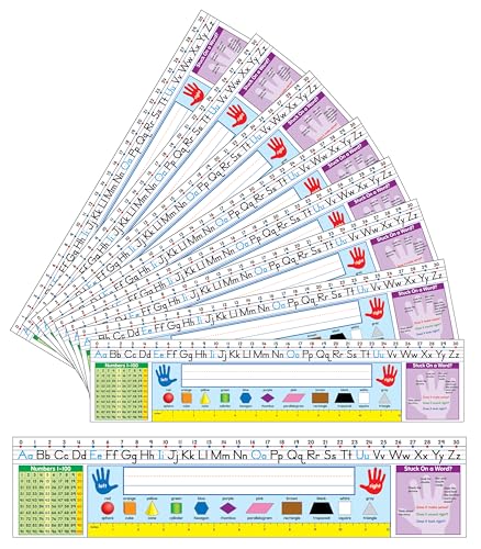 Image of Carson Dellosa Education 30PC Quick Stick Name Plate Set offers alphabet charts, number lines, a 100 chart, a ruler, and clear labels that support organized desks and help students develop skills well