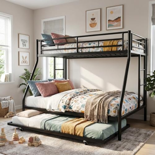 Nuturelly Metal Bunk Bed Twin Over Full with Trundle Heavy Duty Steel Frame Bunk Bed Frame with Safety Guardrails & Ladder Space Saving 3 Beds for Kids Teens Dorm Black