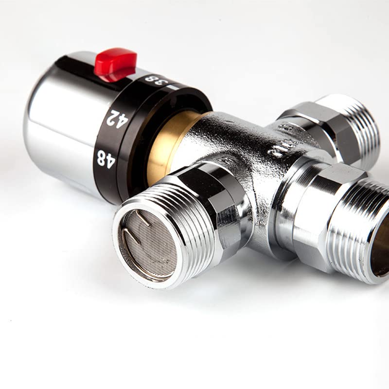 Válvula de mezcla termostática de 2 piezas, válvula termostática de latón sólida de 19,8 mm 3 vías de la válvula de mezcla de agua del agua Tubo Termostato Control de termostato Plata
