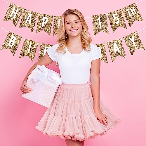 Image of Pre-Strung Happy 15th Birthday Banner - Gold Glitter Birthday Banner
