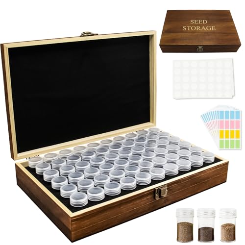 Duluvop Seed Storage Organizer 60 Slots Pine Wood Seed Storage Box Portable Seed Saving Box with 230 Labels Seed Container Wooden Seed Organizer Kit For Flower Plants Vegetable Seed