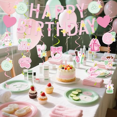 Image of Spa Birthday Party Decorations Include Spa Happy Birthday Banner Hanging Swirls Spa Day Theme Party Supplies For Girls