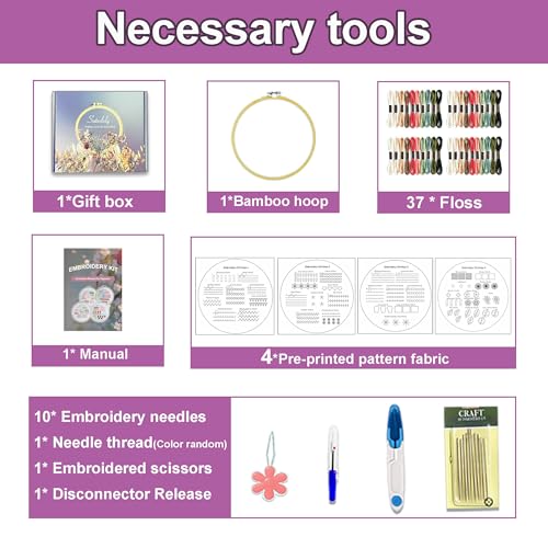 Image of Sutesloly Embroidery Kit for Beginners Adults, 4 Sets Learn to Floral Patterns Simple Starter kit for Beginners, Easy Practice Kit, 7.8inch Hoop, Hand DIY Craft for Women,Purple