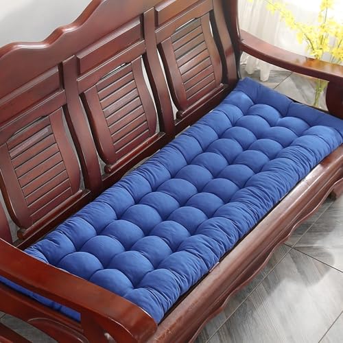 Coussin de banc bleu 55x180x8 cm lavable et antidérapant avec attaches pour canapé 3 places