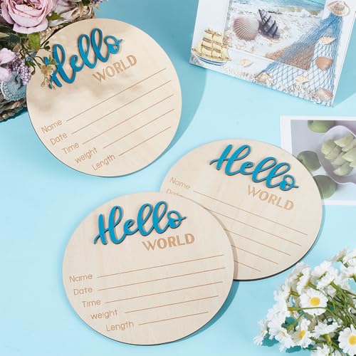 Image of 3Pcs Newborn Announcement Sign 5.9Inches Round Wooden Hello World Newborn Name Board Birth Stat Plaque Photo Prop Gifts Blue for Hospital Home Nursery Shower