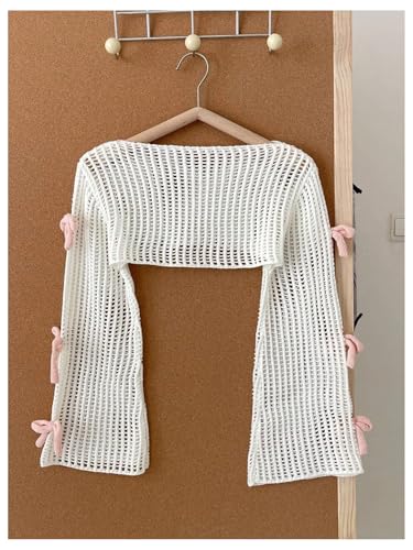 Floerns Girl's Cute Bow Long Sleeve Hollow Out Sweater Boat Neck Cover Up Cropped Top2