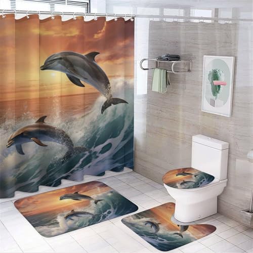 Dunmat 4 Pieces Jumping Dolphin Shower Curtain Set Sunset Colorful Sky Ocean Animal Bathroom Decor Sets with Rugs Bathroom Accessories Set Bathroom Curtain Shower Set with 12 Hooks