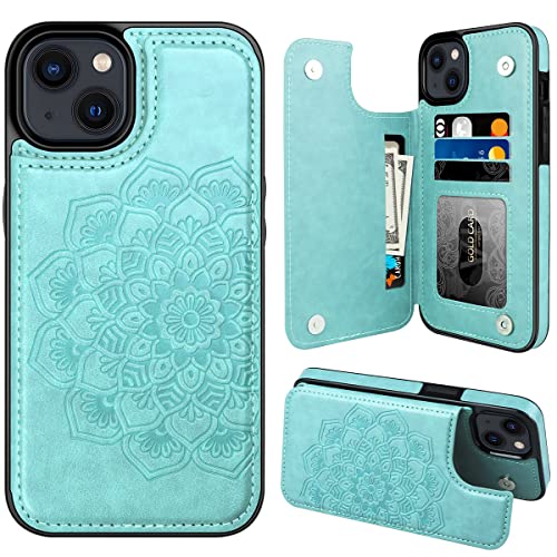 MMHUO for iPhone 14 Plus Case with Card Holder Flower Magnetic Buttons Protective Wallet Case for Women for iPhone 14 Plus Mint