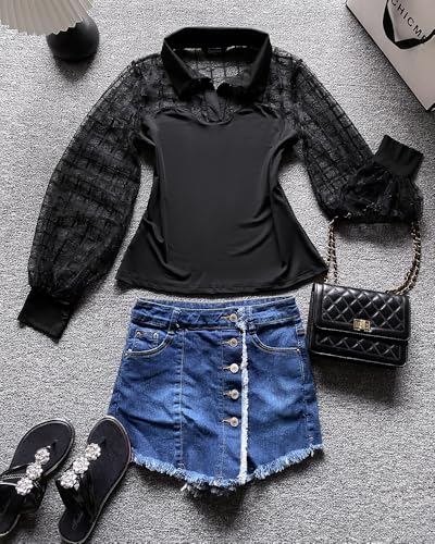 Womens Sheer Mesh Plaid Patchwork Long Sleeve Shirt Vintage Turn Down Collar Slim Fit Sexy Casual Daily Top3