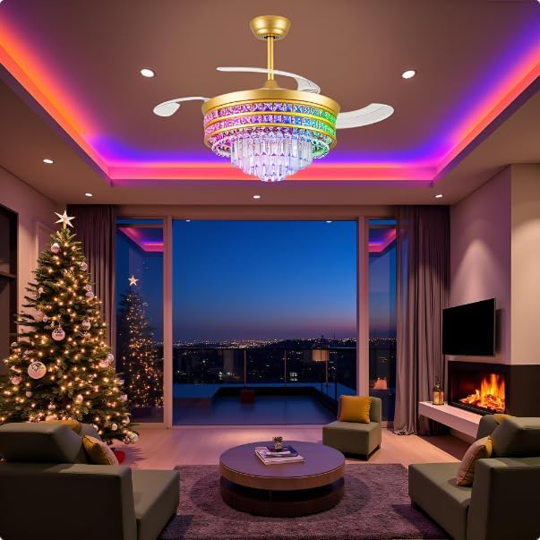 Miniatura 2 de Ventiladores de techo retráctiles con luz y control remotoaplicación, ventilador de araña RGB de cristal de 42 pulgadas, iluminación sin aspas y