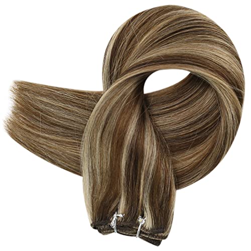 Image of Full Shine Invisible Weft Hair Extensions 120G 20 Inch Add Volume For Women | sew in Hair Extensions, Medium Brown Highlight Honey Blonde, Remy Hair Weft, Party Wear, Date Night
