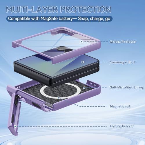 HIERYQHE Magnetic for Samsung Galaxy Z Flip 7 Case Fit for MagSafe [Built-in Tempered Screen Protector][Hinge Protection][Kickstand] Military Grade Full Body Cover for Galaxy Z Flip 7,Purple - image 5